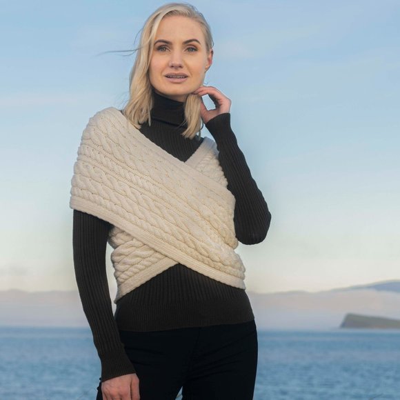 New Aran Crossover Wrap Sweater Made in Ireland Merino Wool - Picture 4 of 7